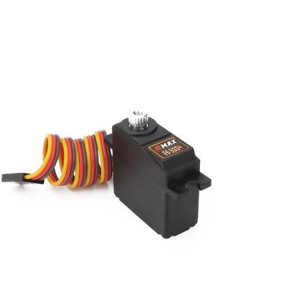 Servo top angle showing output spline gear and mounting tabs with coiled 3-wire connector