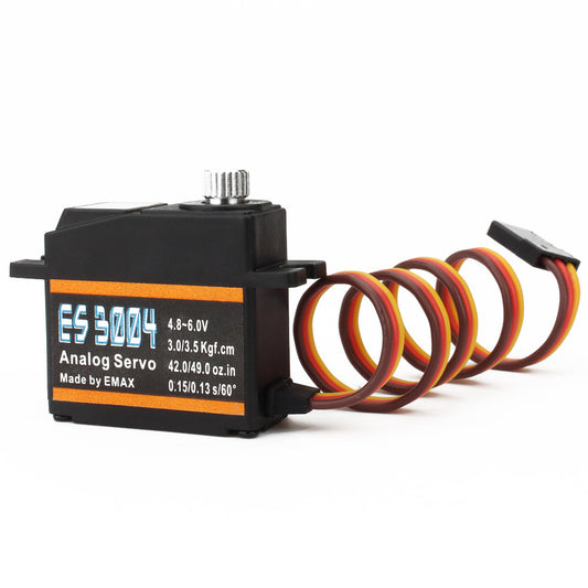 EMAX ES3004 metal gear analog servo with 3-wire lead and label side view on white