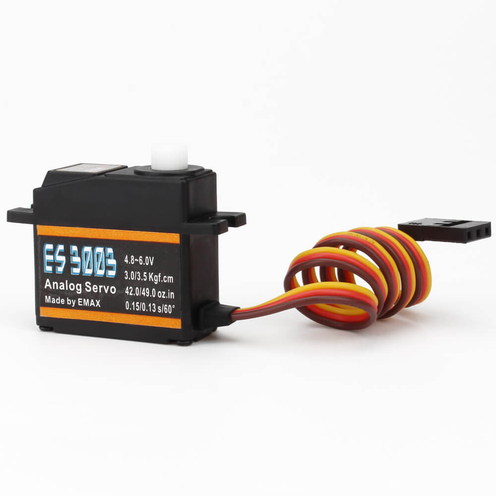 EMAX ES3003 analog servo motor with 3-wire lead and receiver plug, side label view