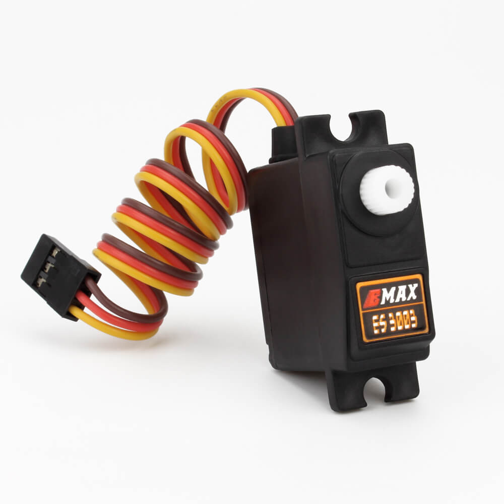 EMAX ES3003 servo front view showing white output spline and EMAX ES3003 badge