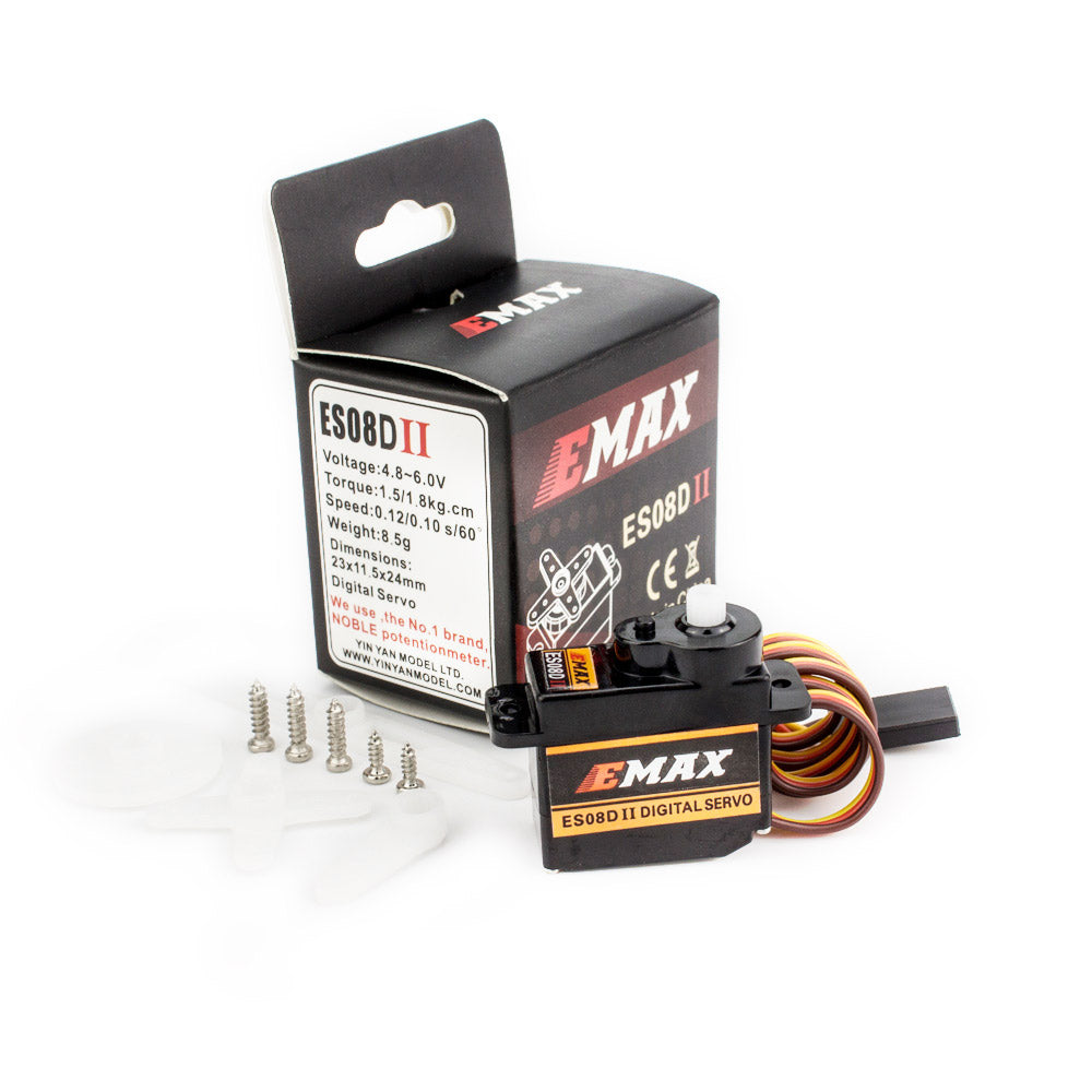 EMAX ES08D digital servo kit with retail box, mounting screws, servo horn, and 3-wire connector lead