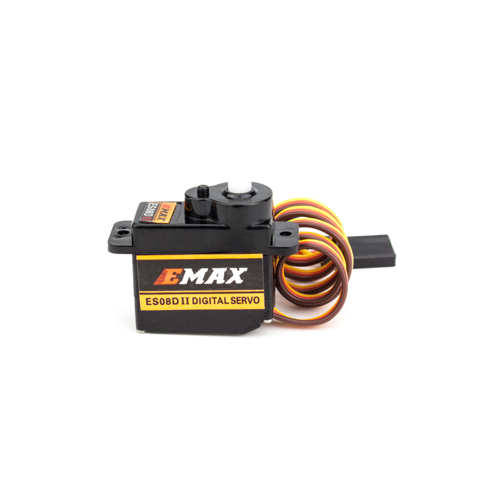 EMAX ES08D Digital Nylon Gear Servo with lead wire and EMAX ES08D II digital servo label