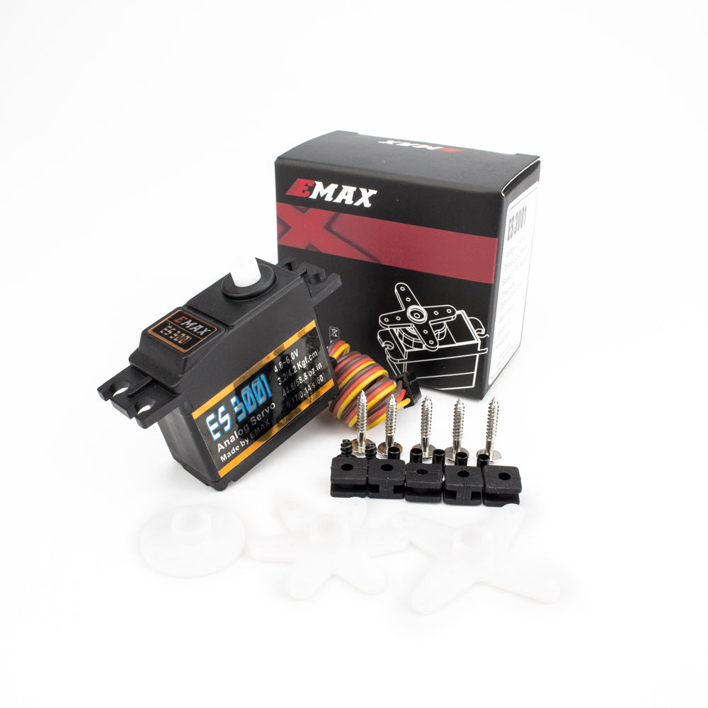 Emax ES3001 servo kit with retail box, servo horns, and mounting screws