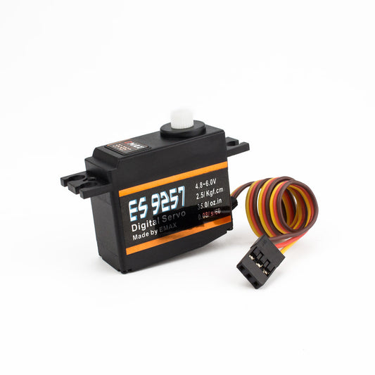 Emax ES9257 tail servo main view with label and 3-wire lead with connector