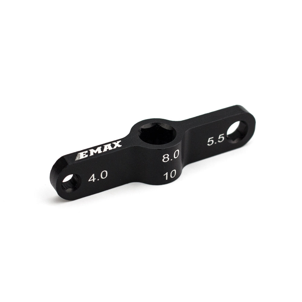Angled view of EMAX drone nut wrench with 4.0 and 5.5 holes and 8.0/10 size markings