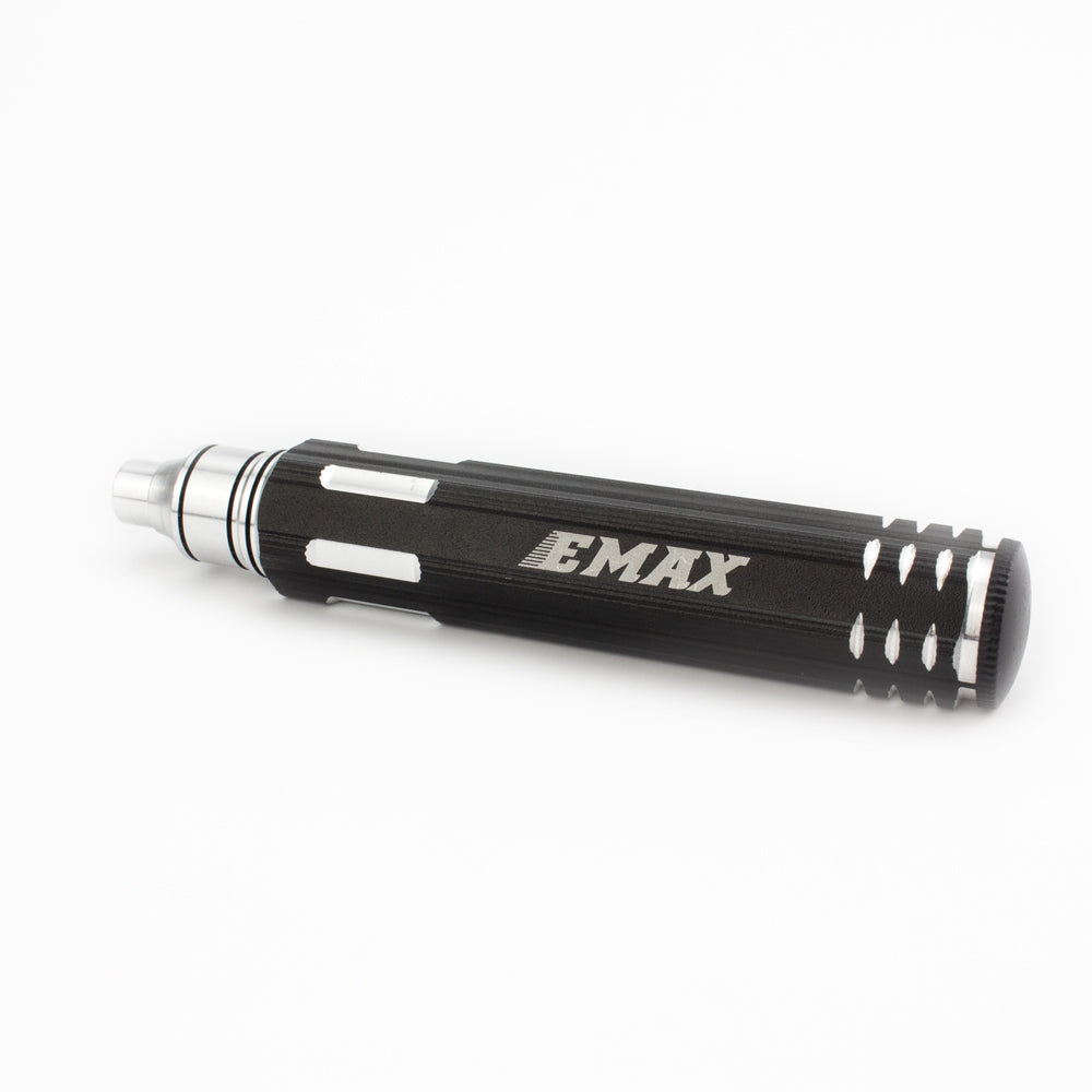 EMAX aluminum screwdriver handle body, black with silver accents and knurled grip section
