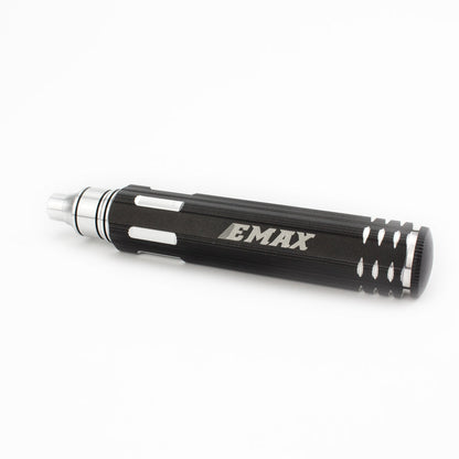 EMAX aluminum screwdriver handle body, black with silver accents and knurled grip section