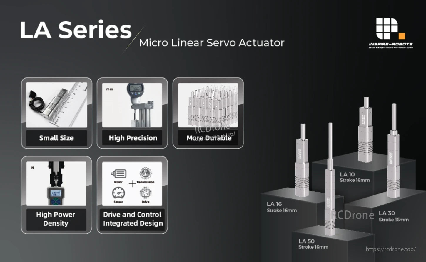 Inspire LA10 Micro Servo, The Micro Linear Servo Actuator features compact size, high precision, durability, power density, and integrated control. Models include LA 10, 16, 30, 50 with a 16mm stroke.