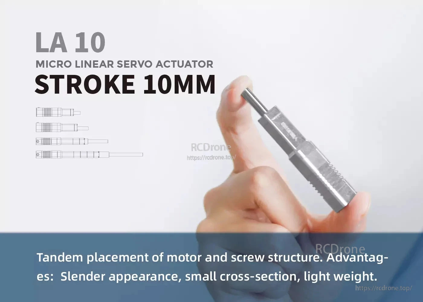 Inspire LA10 Micro Servo, The LA 10 micro linear servo actuator features a 10mm stroke, tandem motor and screw, slim design, small cross-section, and lightweight construction.