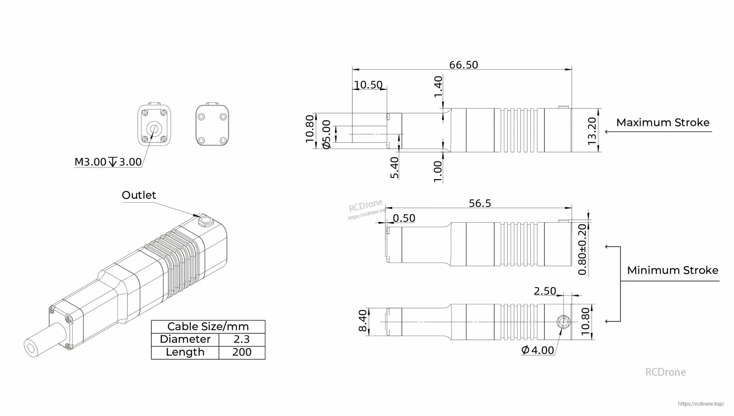 The Inspire LA10 Micro Servo measures 66.50mm long, with a 13.20mm max stroke, 8.40mm min stroke, M3.00 screw, 2.3mm cable diameter, and 200mm cable length.