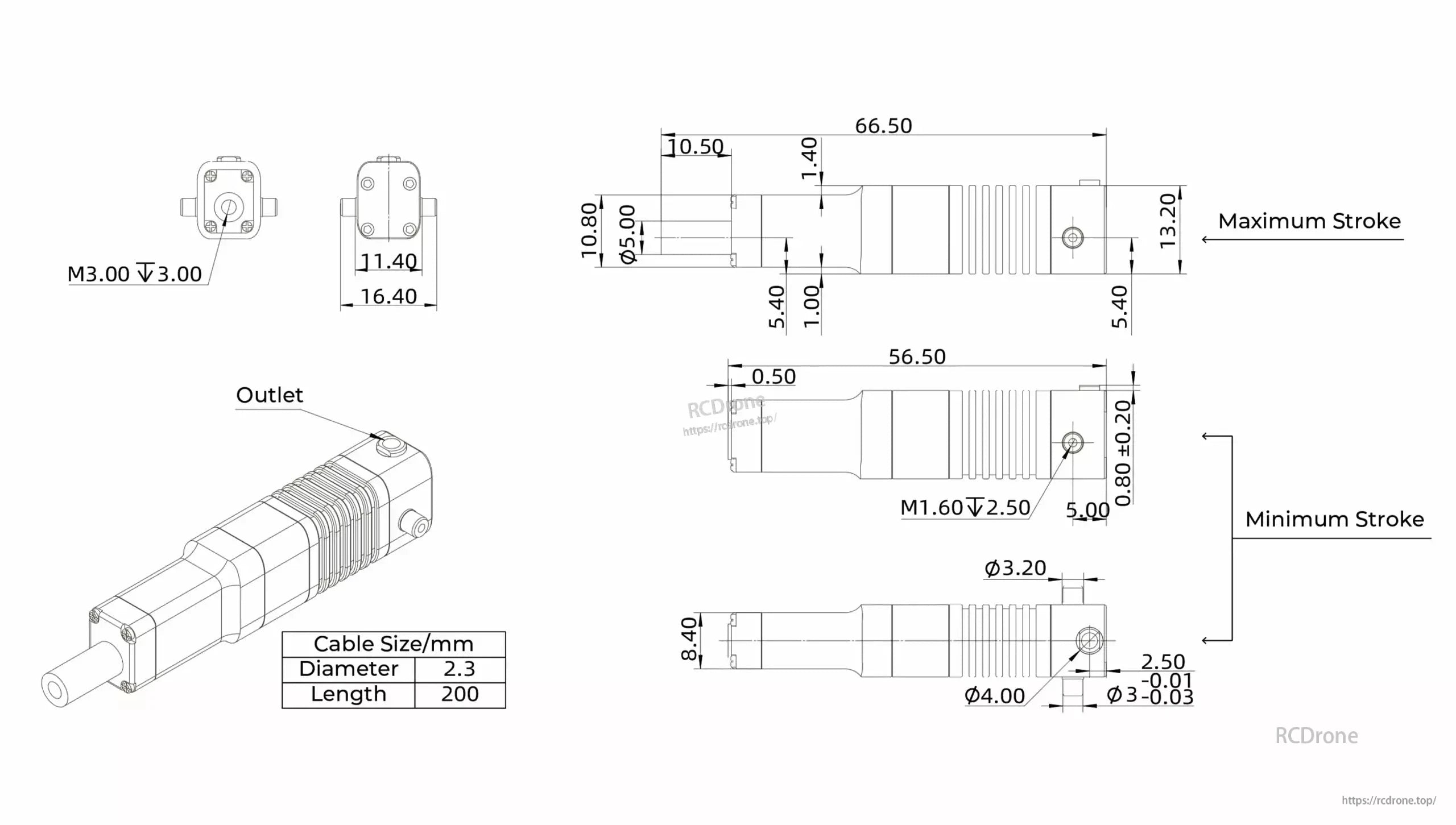 Inspire LA10 Micro Servo: 66.50mm x 13.20mm, M3.00/M1.60 threads, 2.3mm cable, 200mm length, specified stroke range.
