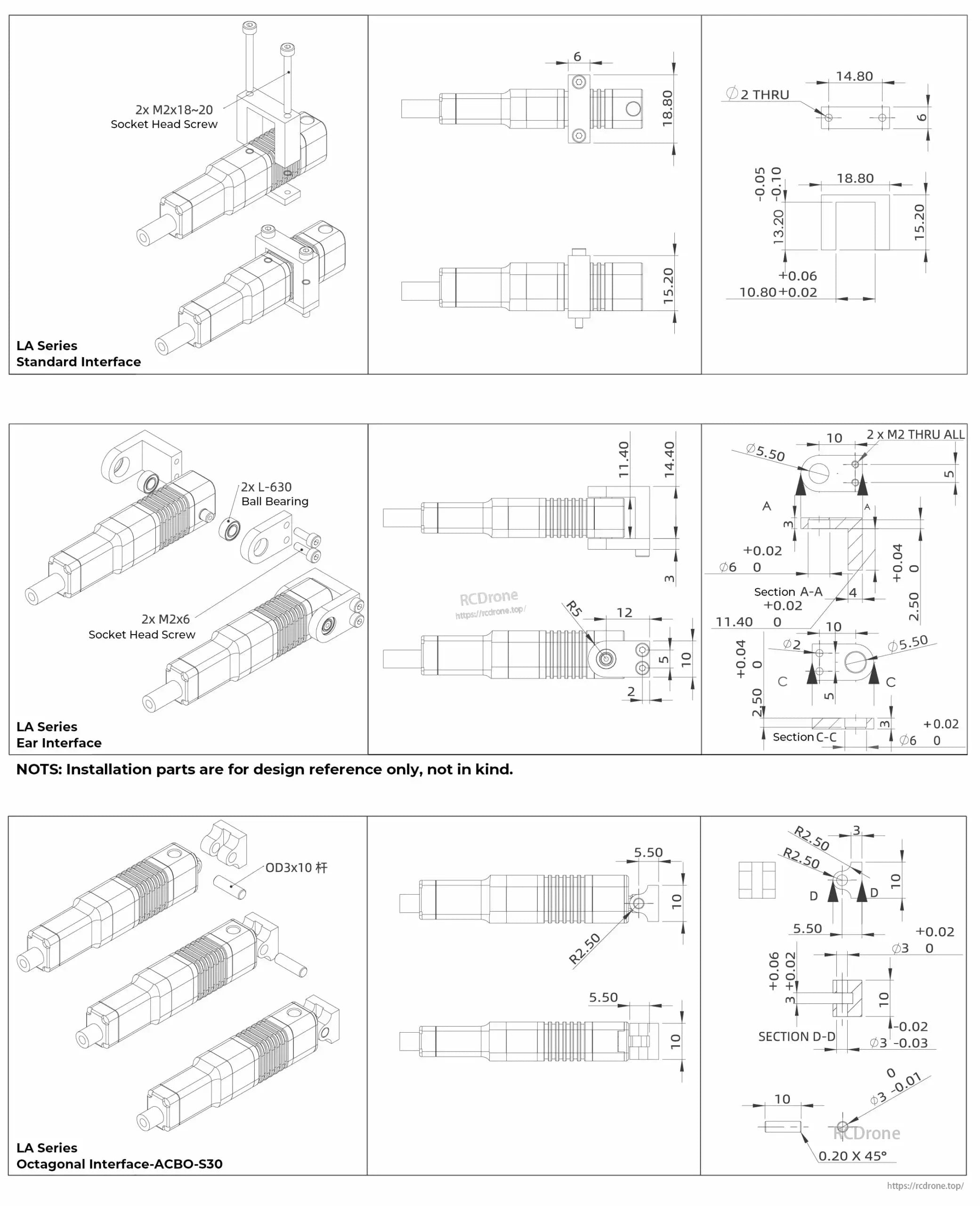 Inspire LA10 Micro Servo, LA Series micro servo technical drawings include standard, ear, and octagonal interfaces with dimensions, tolerances, and component details for design reference; installation parts not included.