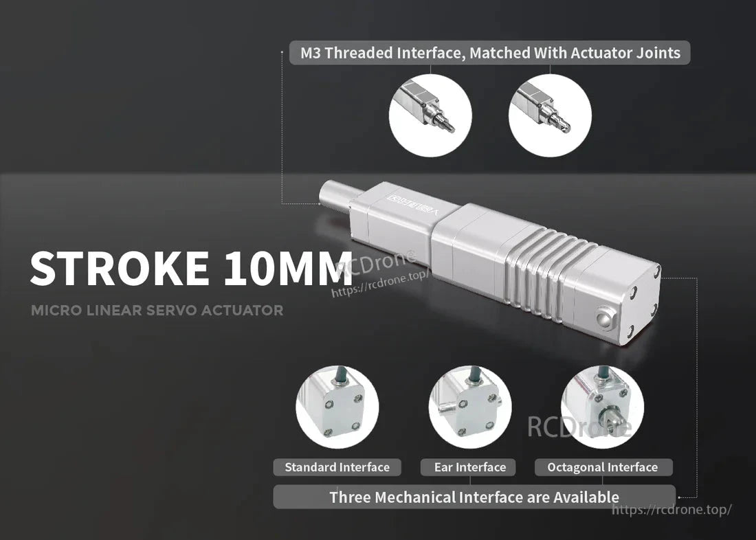 Inspire LA10 Micro Servo, Micro linear servo actuator with 10mm stroke, M3 thread, and three mechanical interfaces.
