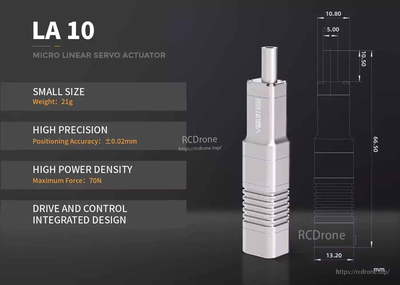 Inspire LA10 Micro Servo, The LA10 Micro Linear Servo Actuator is compact (21g), precise (±0.02mm), powerful (70N), and features integrated drive and control in a 66.5×13.2×10.8 mm design.