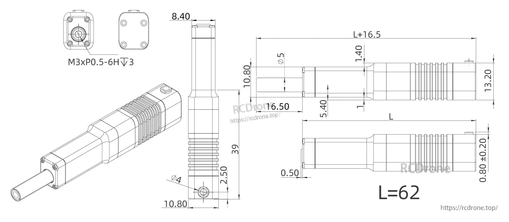 Inspire LA16 Servo, Servo dimensions and specs detailed in technical drawing.