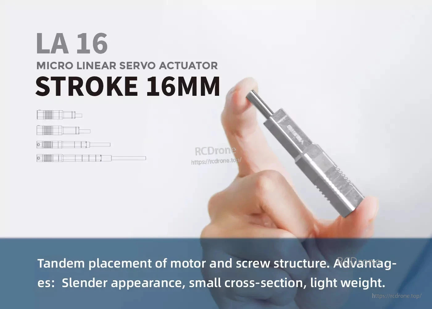 Inspire LA16 Servo, The LA 16 micro linear servo actuator features a 16mm stroke, tandem motor and screw design, and is slender, compact, and lightweight.