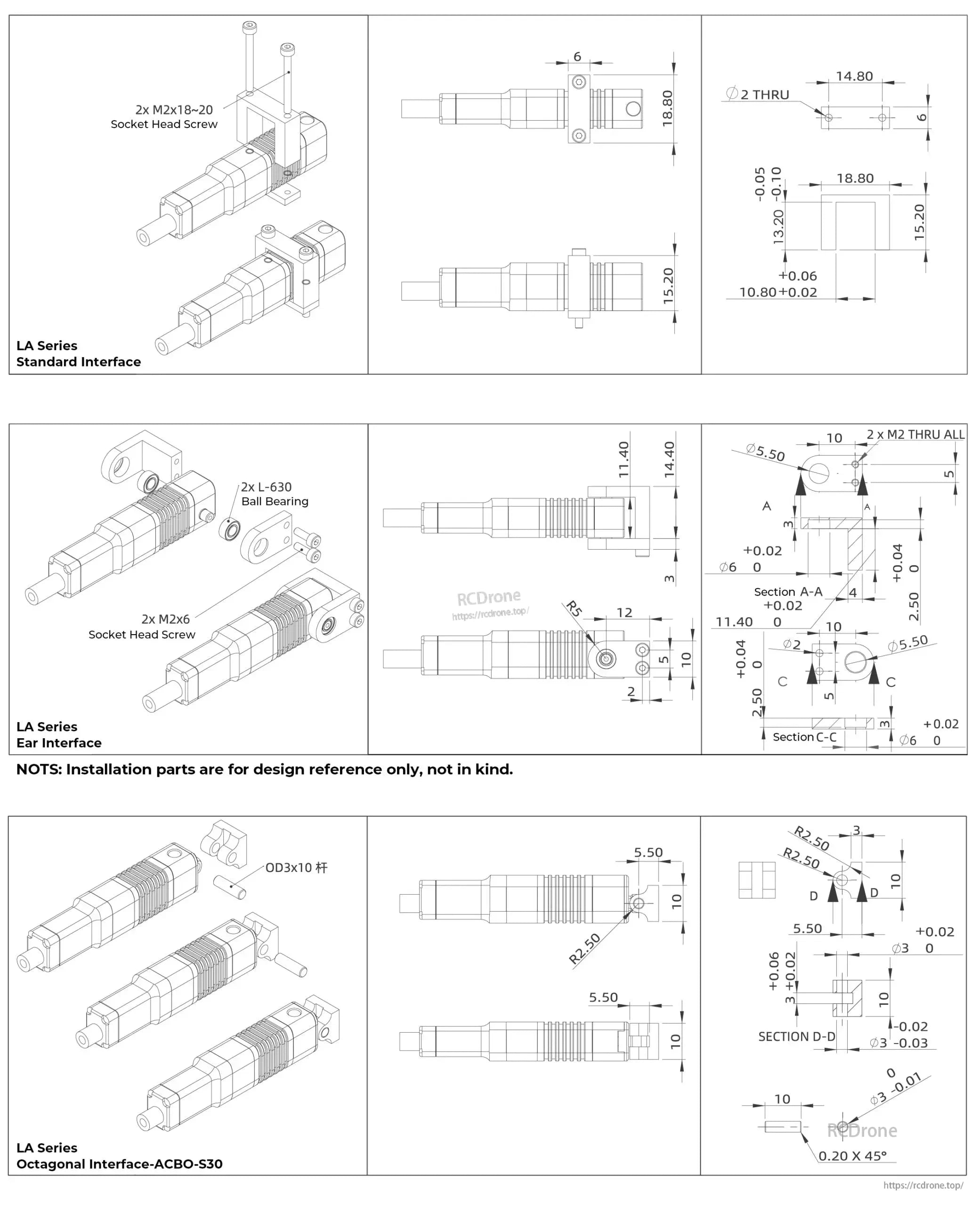 Inspire LA16 Servo, Servo interfaces include Standard, Ear, and Octagonal (ACBO-S30), with dimensions, screw specs, mounting details, and installation parts provided.
