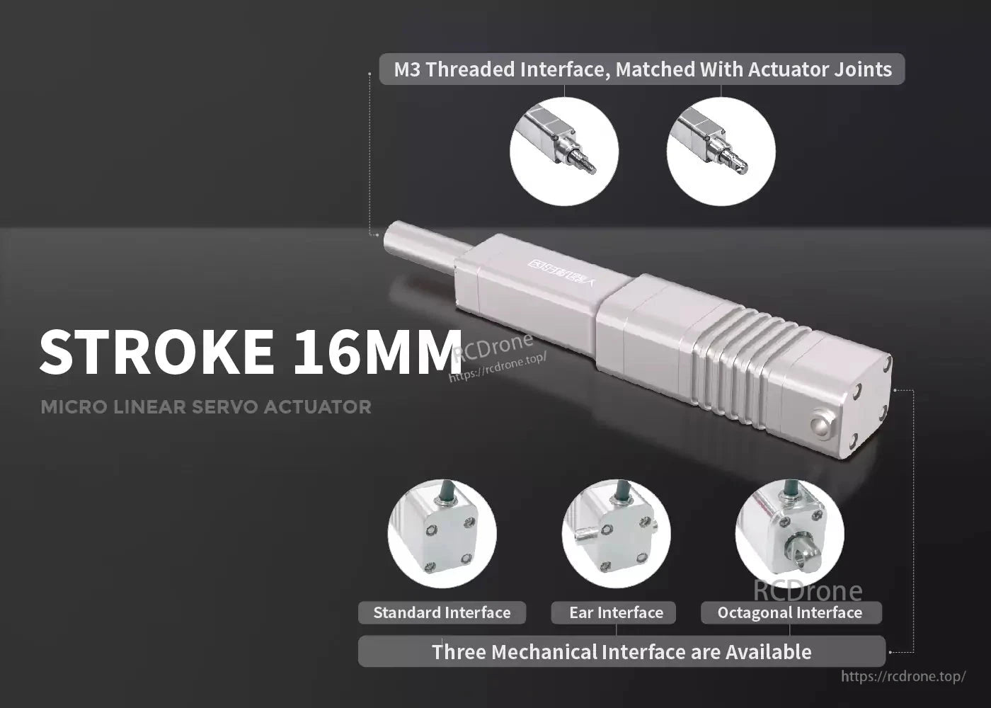 Inspire LA16 Servo, A 16mm micro linear servo actuator with M3 threading and three mechanical options.