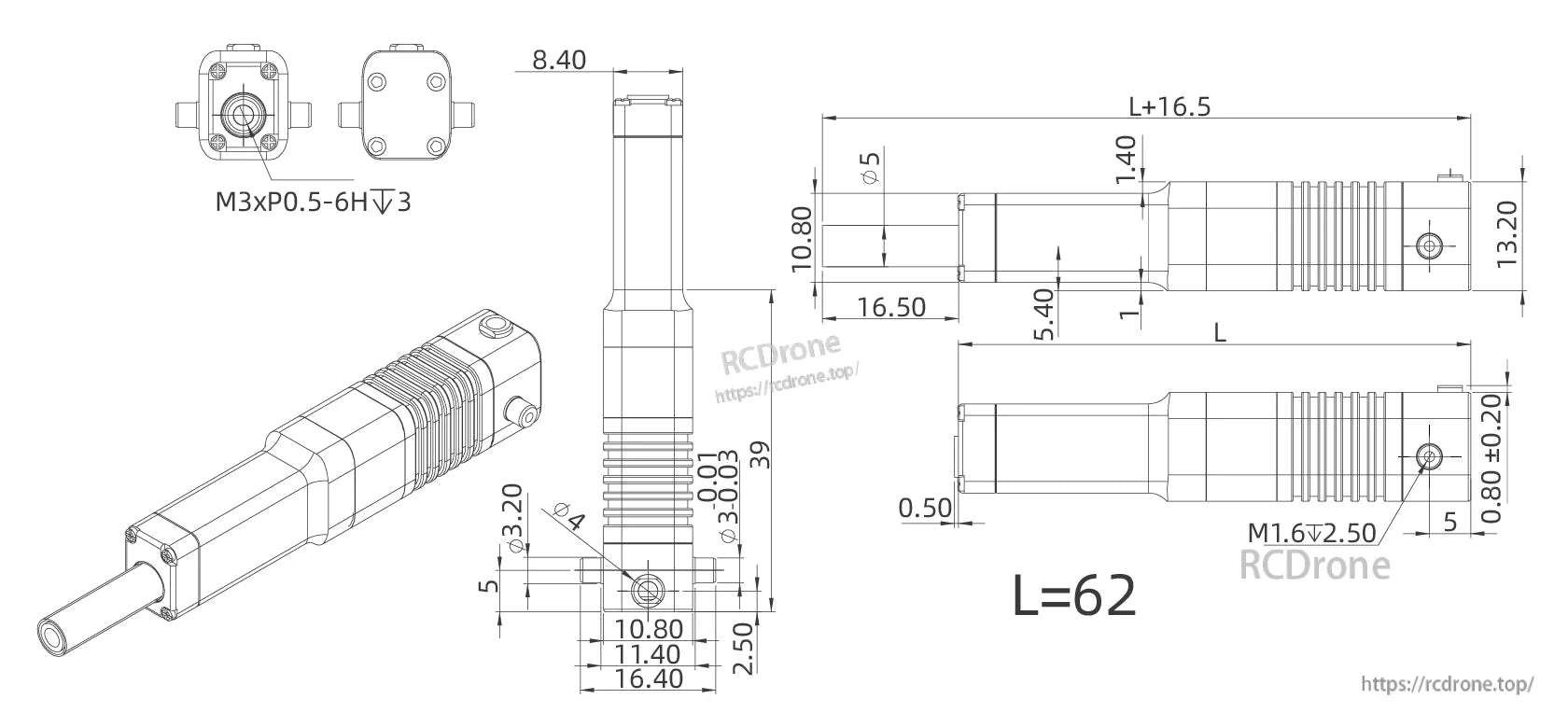 Inspire LA16 Servo, Servo specifications include M3xP0.5-6H, M1.6x2.50, length 62, and detailed measurements.