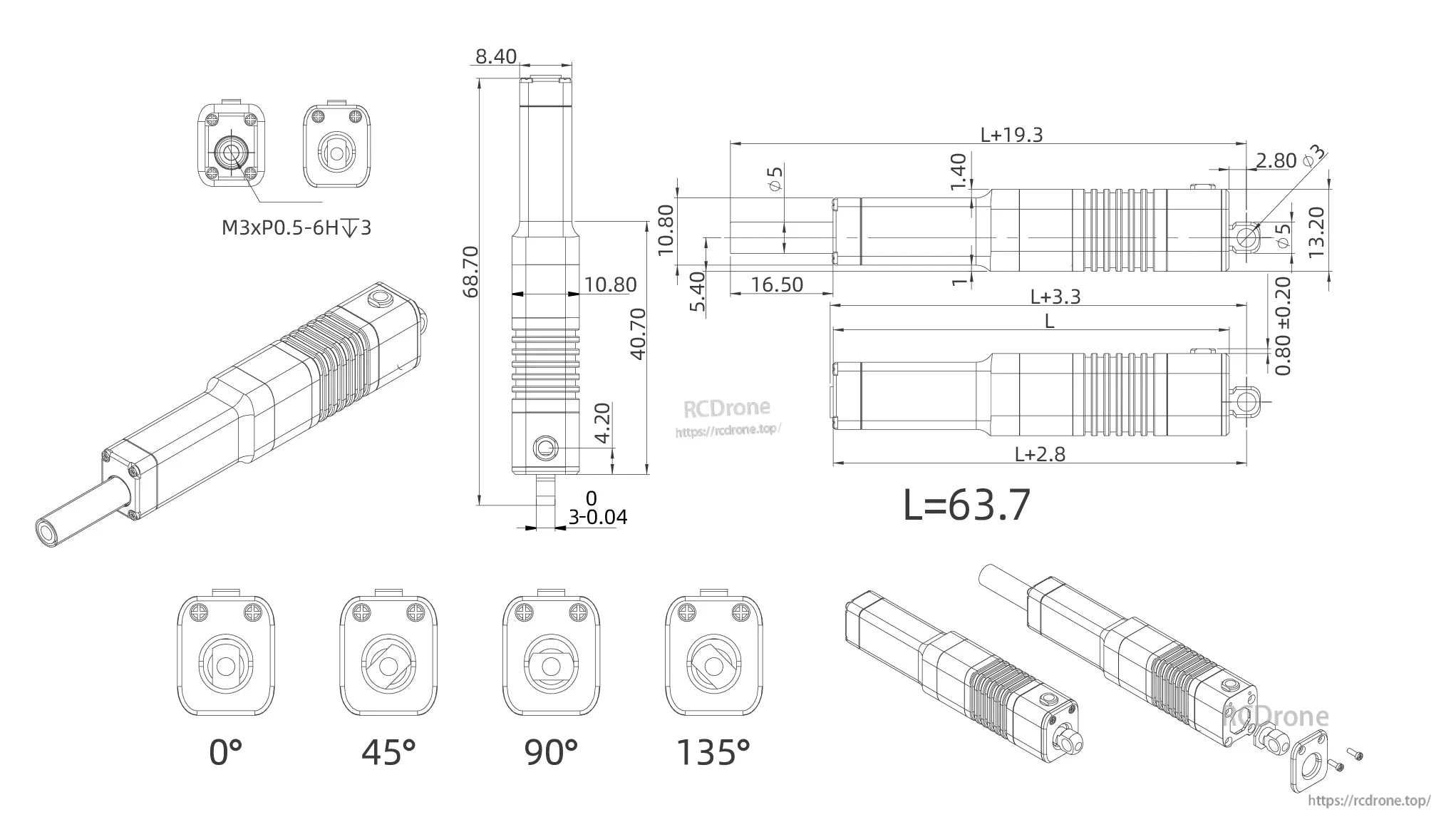 The Inspire LA16 servo features M3xP0.5-6H thread, 63.7 length, and positions at 0°, 45°, 90°, and 135° angles.