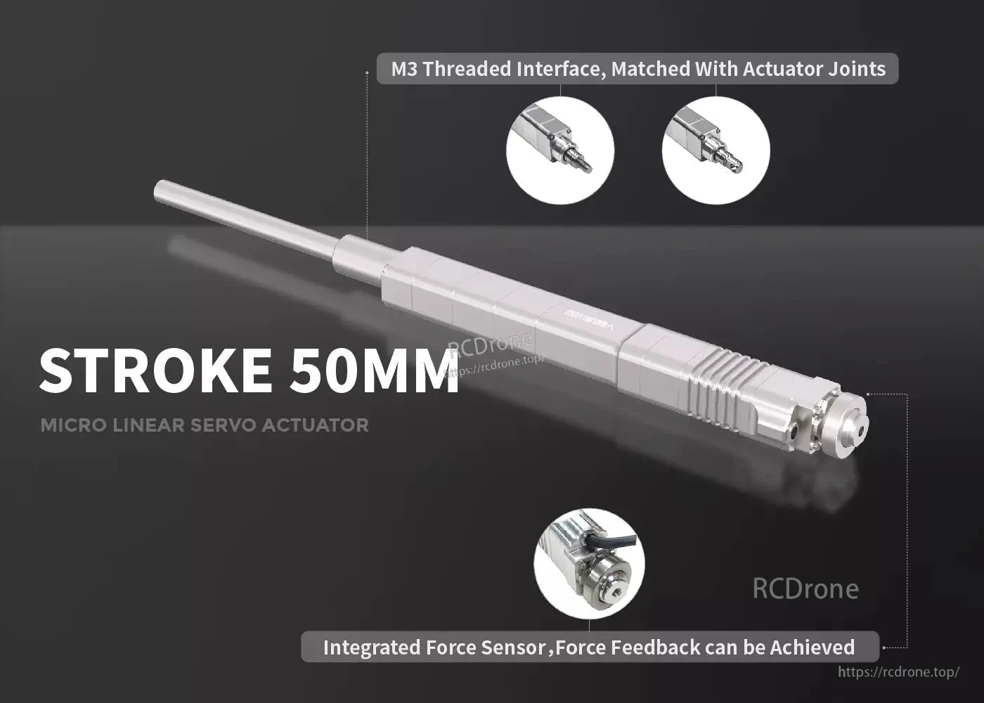 Inspire LAF50 Servo Actuator, A compact 50mm linear servo with M3 threads and built-in force sensing.