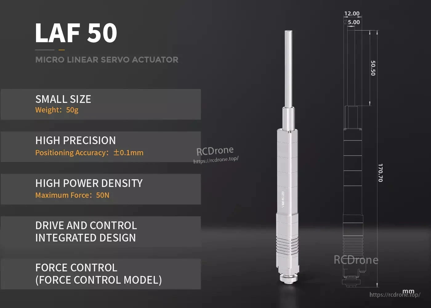 Inspire LAF50 Servo Actuator, The LAF 50 micro linear servo actuator is compact (170.70mm length), lightweight (50g), precise (±0.1mm accuracy), powerful (50N force), and features integrated drive, control, and force control model.
