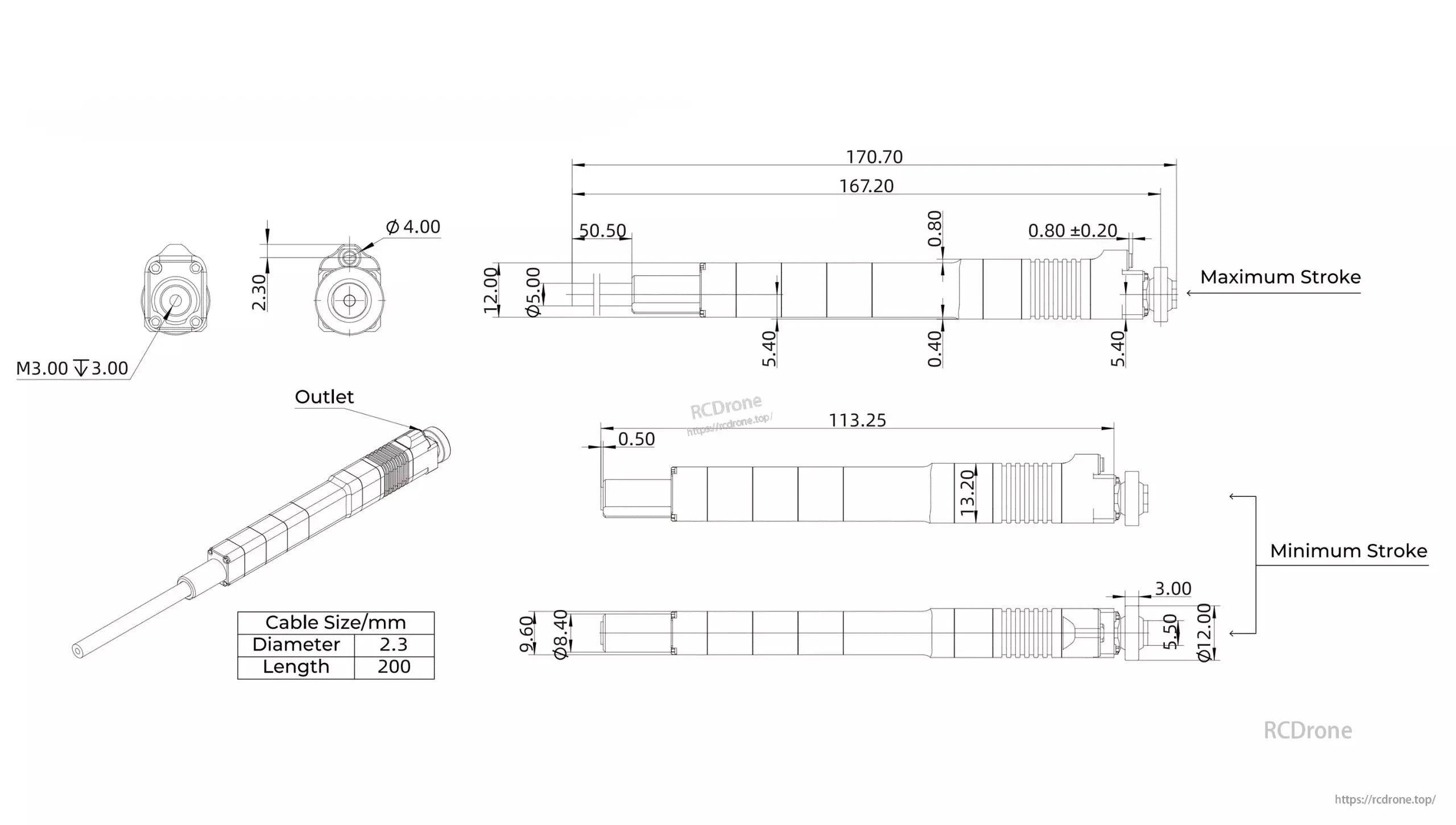 The Inspire LAF50 Servo Actuator has a max stroke of 170.70mm, min stroke of 113.25mm, 2.3mm diameter cable, 200mm length, M3 thread, and specified outlet.
