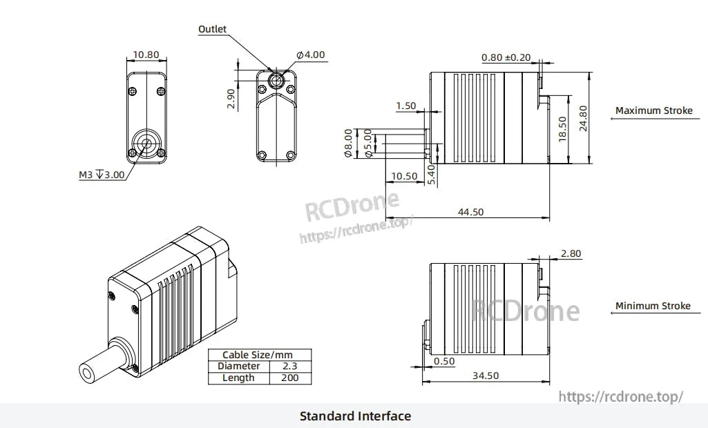 Inspire LAS10 Micro Servo, Micro Servo dimensions, cable specs, interface details, stroke range, and mounting measurements.