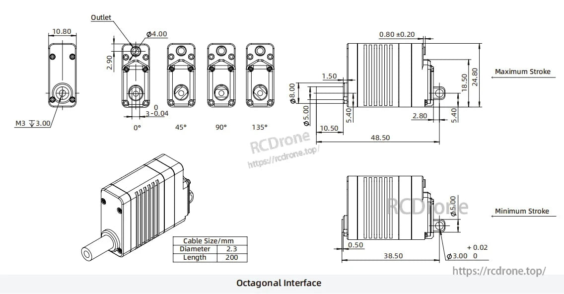 Inspire LAS10 Micro Servo, Micro Servo LAS10 features an octagonal interface, 2.3mm cable diameter, 200mm length, with outlet positions at 0°, 45°, 90°, and 135°.