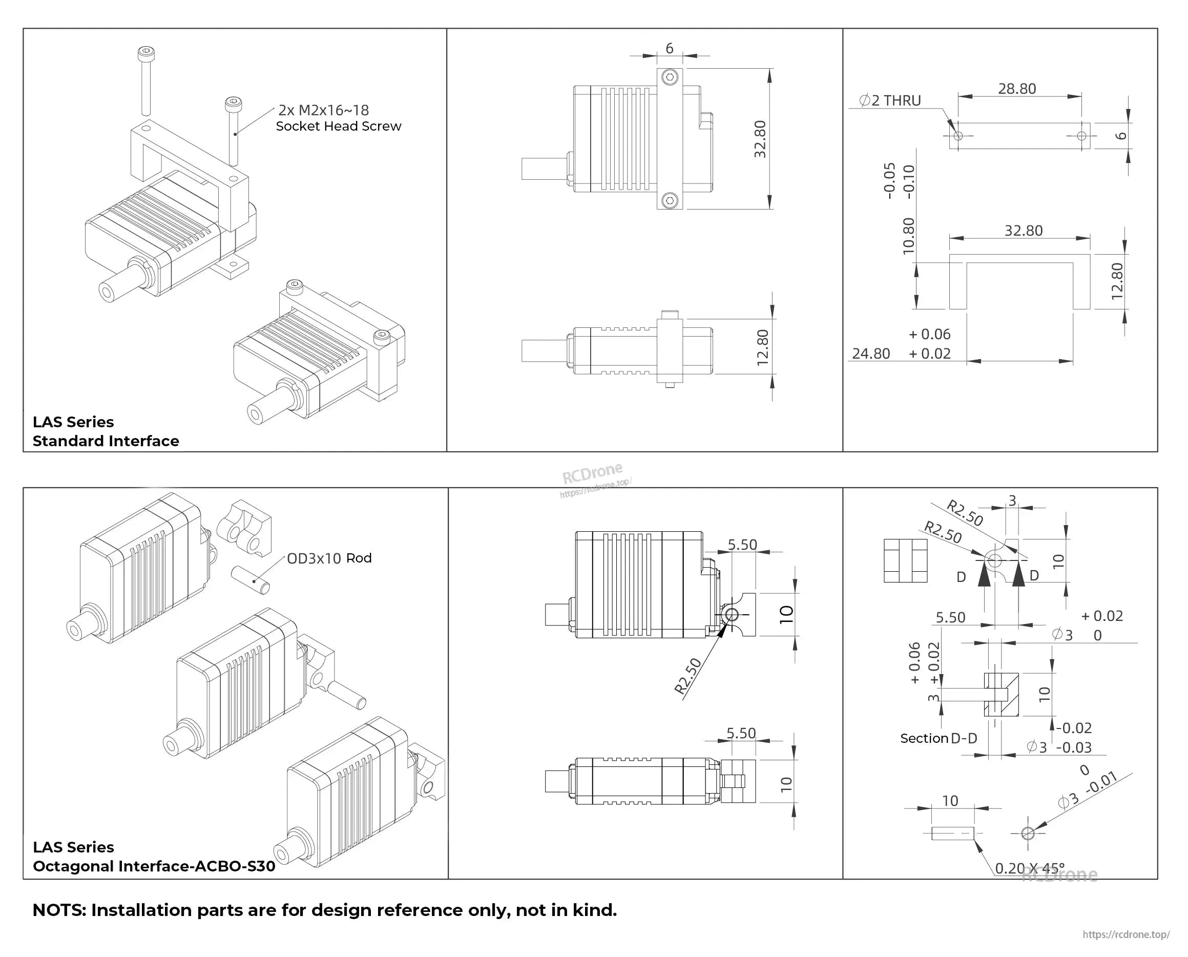 Inspire LAS10 Micro Servo, Micro servo LAS Series offers standard and octagonal interfaces. Includes LAS10 specs, dimensions, mounting details, M2x16-18 screws, OD3x10 rod. Installation parts for reference.