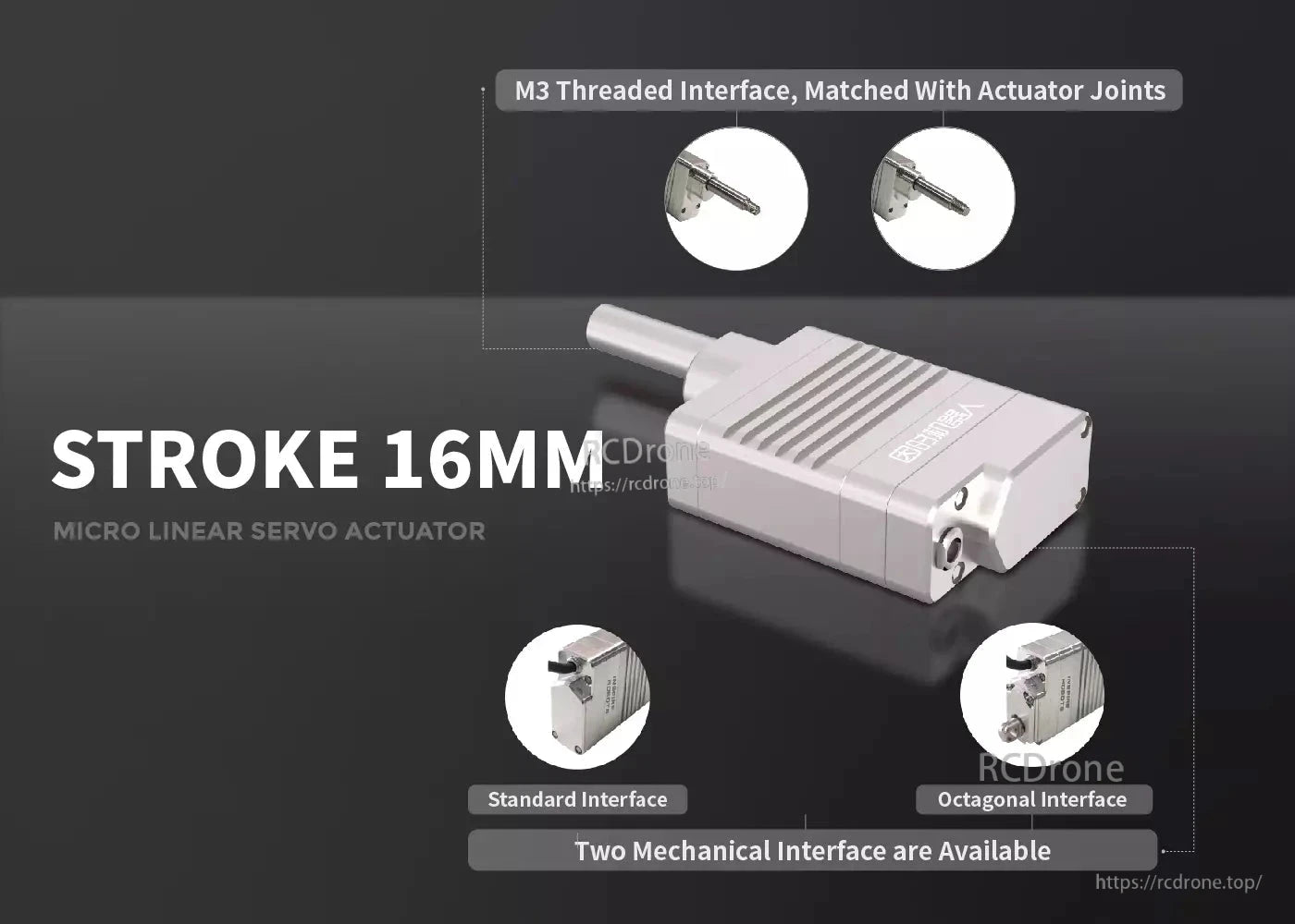 Inspire LAS16 Micro Servo, A 16mm stroke micro linear servo actuator featuring M3 threading and two mechanical interfaces.