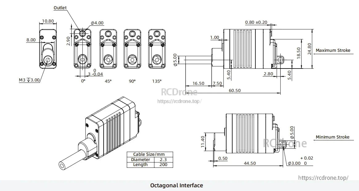 Technical drawing details for Inspire LAS16 Micro Servo: dimensions, octagonal interface, 2.3mm diameter cable (200mm length), and stroke measurements.
