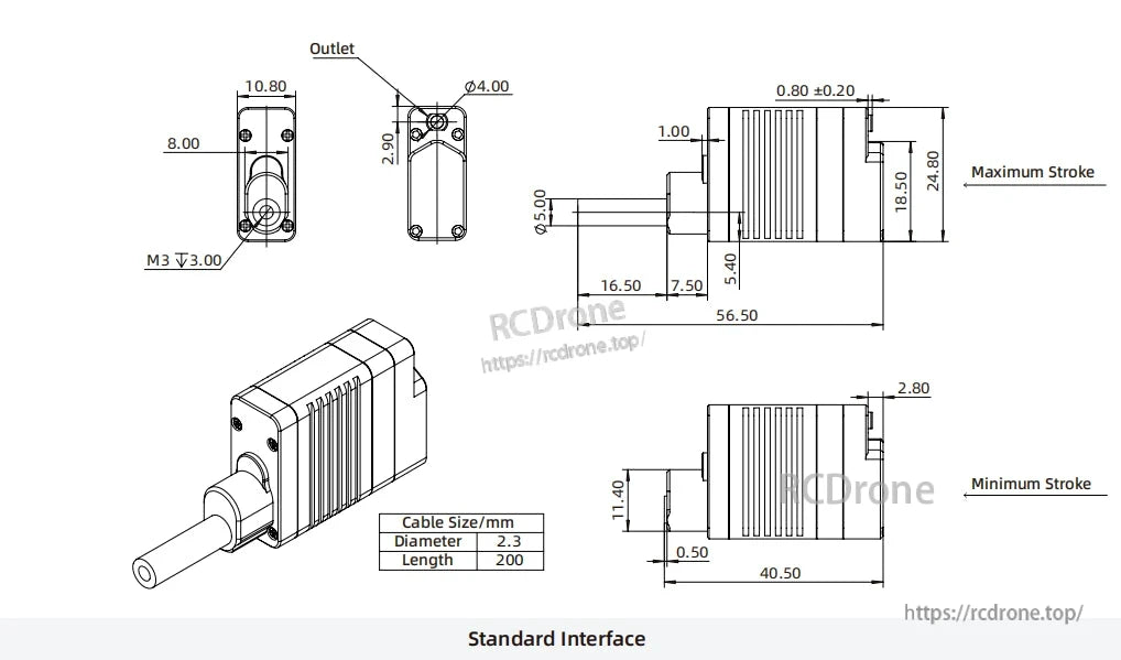 Inspire LAS16 Micro Servo, Micro Servo dimensions, cable specs, interface details, stroke range, and mounting features.