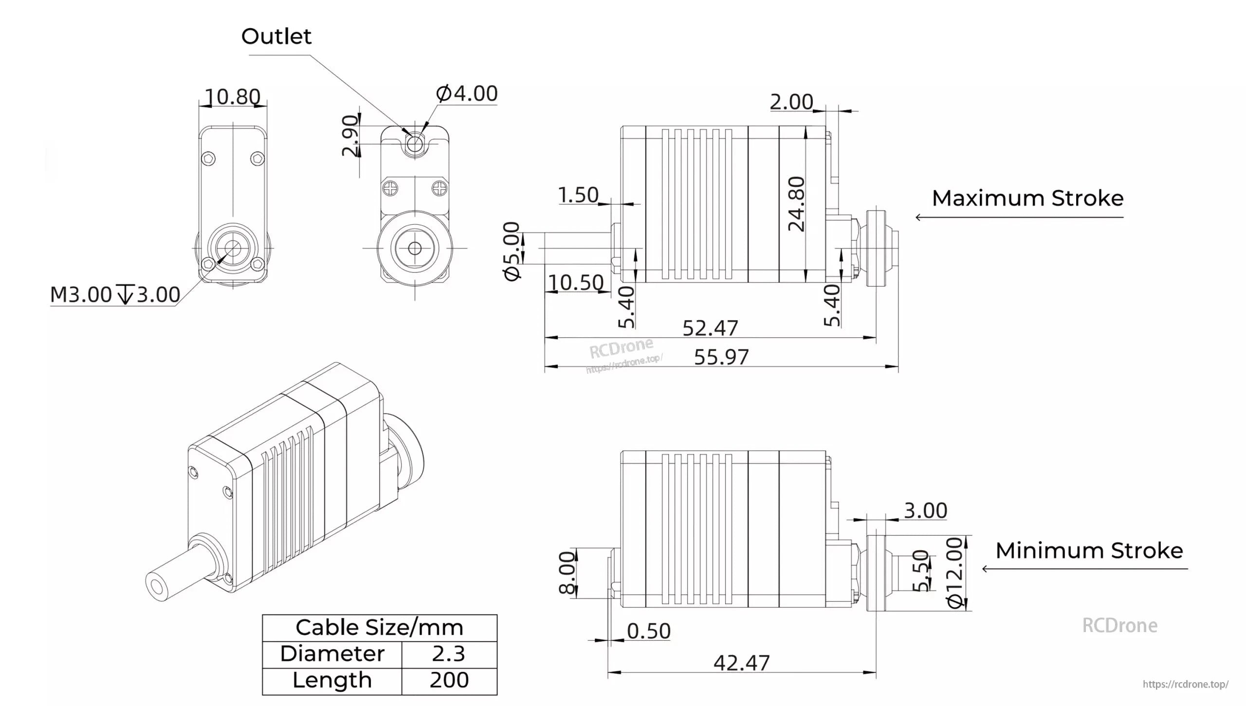 The Inspire LASF10 Servo measures 55.97mm in length, 24.80mm in width, and 10.80mm in height, with a maximum stroke of 52.47mm and a minimum stroke of 42.47mm. It features a 2.3mm diameter cable that is 200mm long.