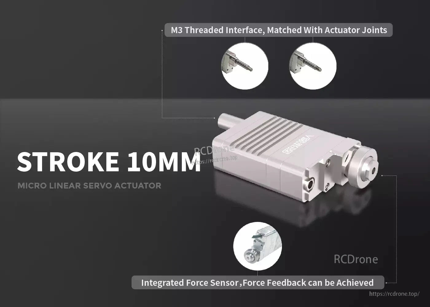 Inspire LASF10 Servo, A 10mm stroke micro linear servo with M3 thread and built-in force sensor for feedback.