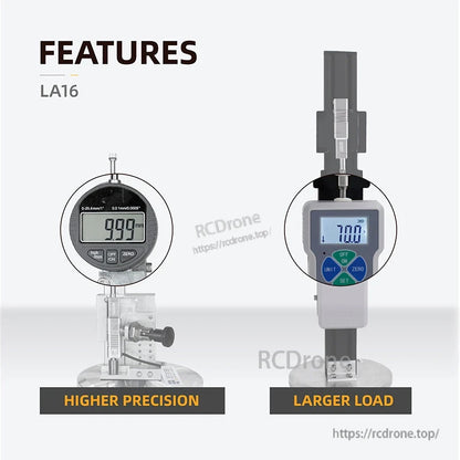 The LA16 servo actuator offers 16mm stroke, 70N force, ±0.03mm precision, digital display, higher accuracy, and greater load capacity.