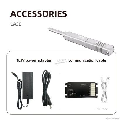 The Inspire Robots LA30 is a compact linear servo actuator with 30mm stroke, 50N force, ±0.06mm precision, integrated control, and includes an 8.5V adapter and communication cable.