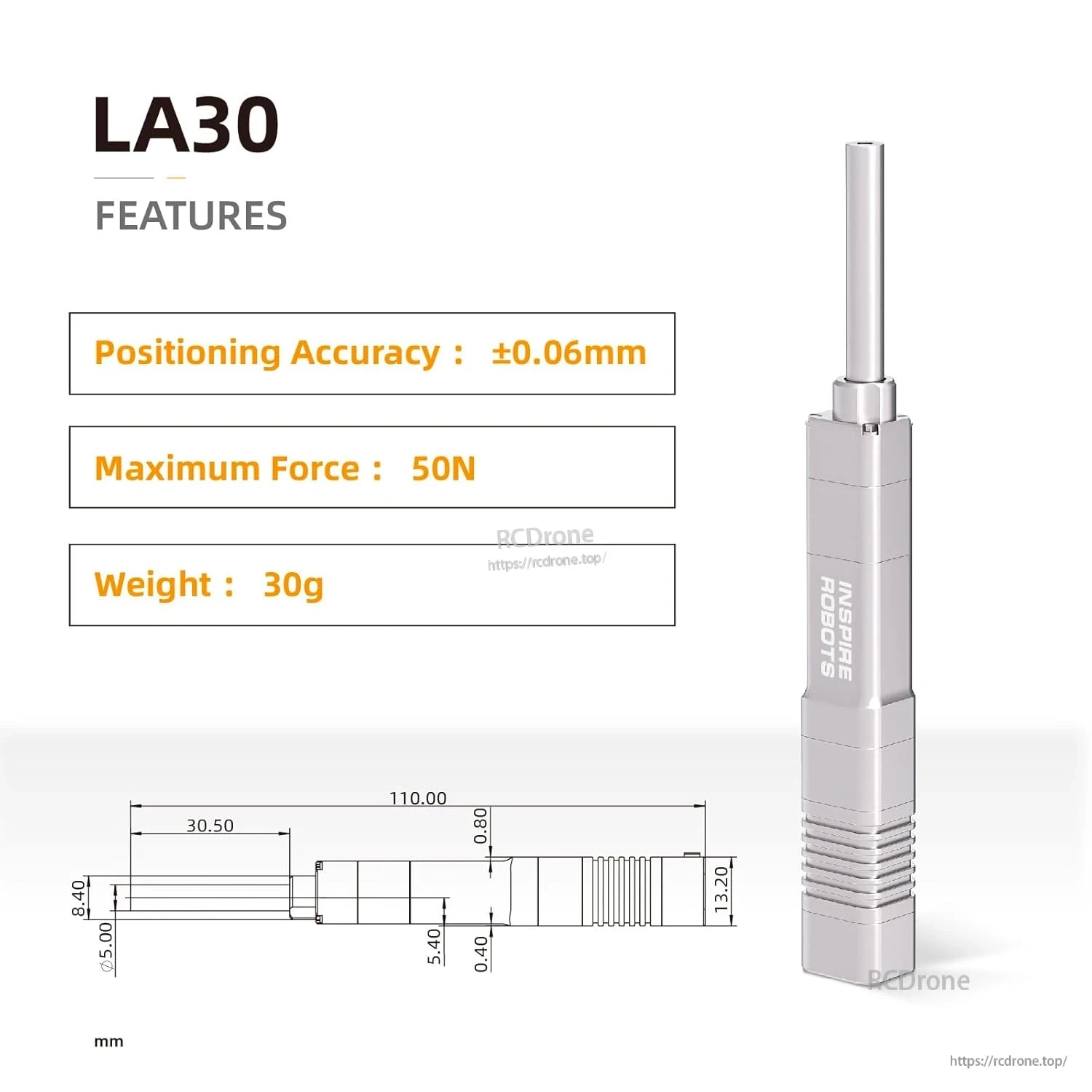 The LA30 micro linear servo actuator offers precise positioning with a 30mm stroke, 50N force, ±0.06mm accuracy, and compact, high-performance design.