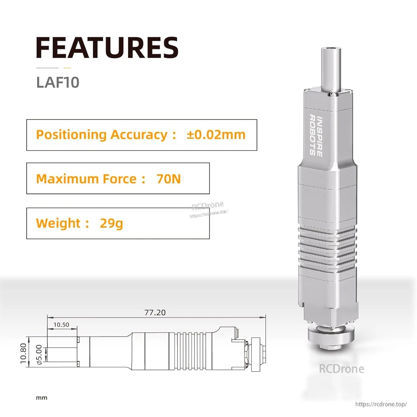 The LAF10 micro linear servo actuator offers precise positioning and force control for robotics, with a 10mm stroke, ±0.02mm accuracy, 70N force, and 29g weight.