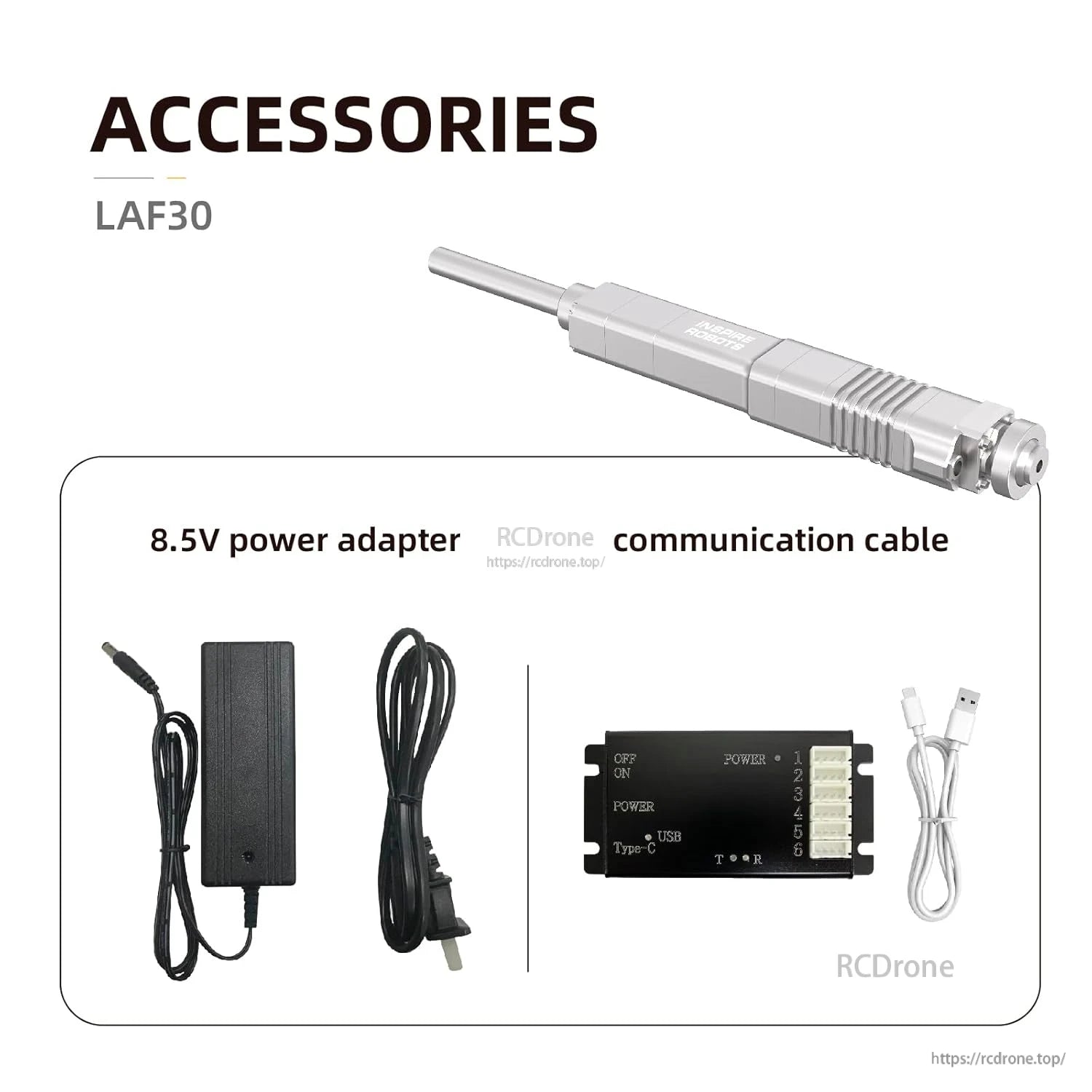 The LAF30 is a compact linear servo actuator with 30mm stroke, 50N force, ±0.06mm precision, force control sensor, 8.5V adapter, and communication cable.