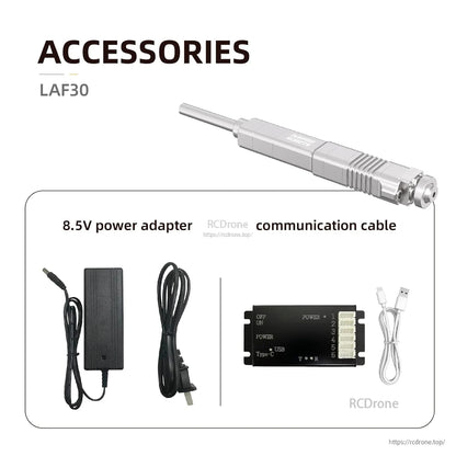 The LAF30 is a compact linear servo actuator with 30mm stroke, 50N force, ±0.06mm precision, force control sensor, 8.5V adapter, and communication cable.