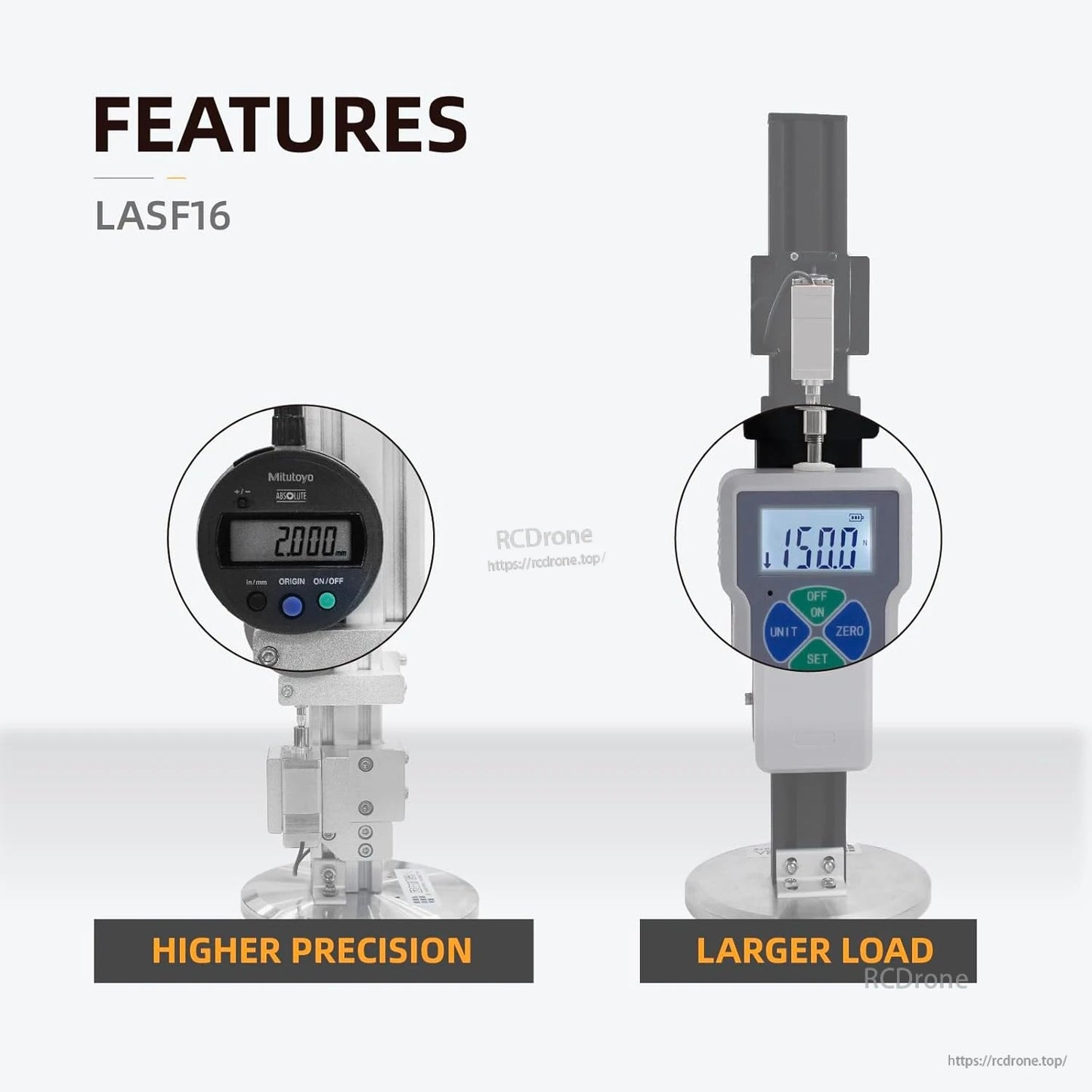 LASF16 provides high precision and large load capacity with ±0.03 mm accuracy, 16 mm stroke, 150 N max force, and force sensor.