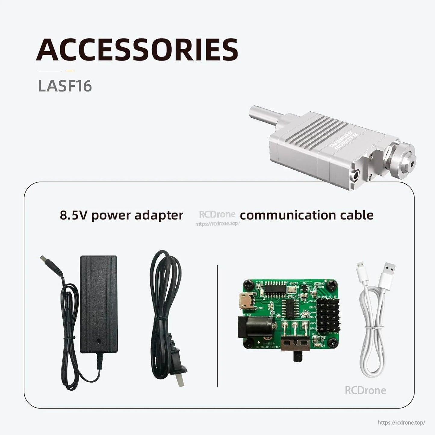 Accessories for LASF16 include an 8.5V power adapter and communication cable. Components are compact, precisely engineered for optimal robotic performance.