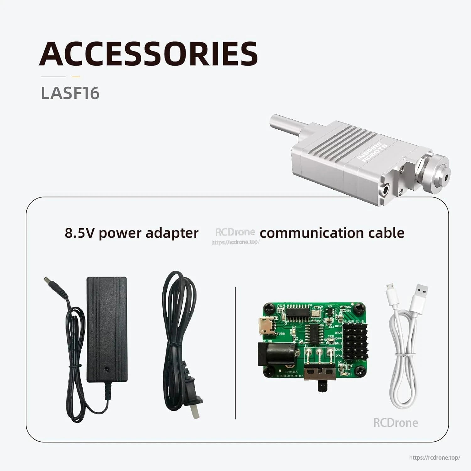 Accessories for LASF16 include an 8.5V power adapter and communication cable. Components are compact, precisely engineered for optimal robotic performance.
