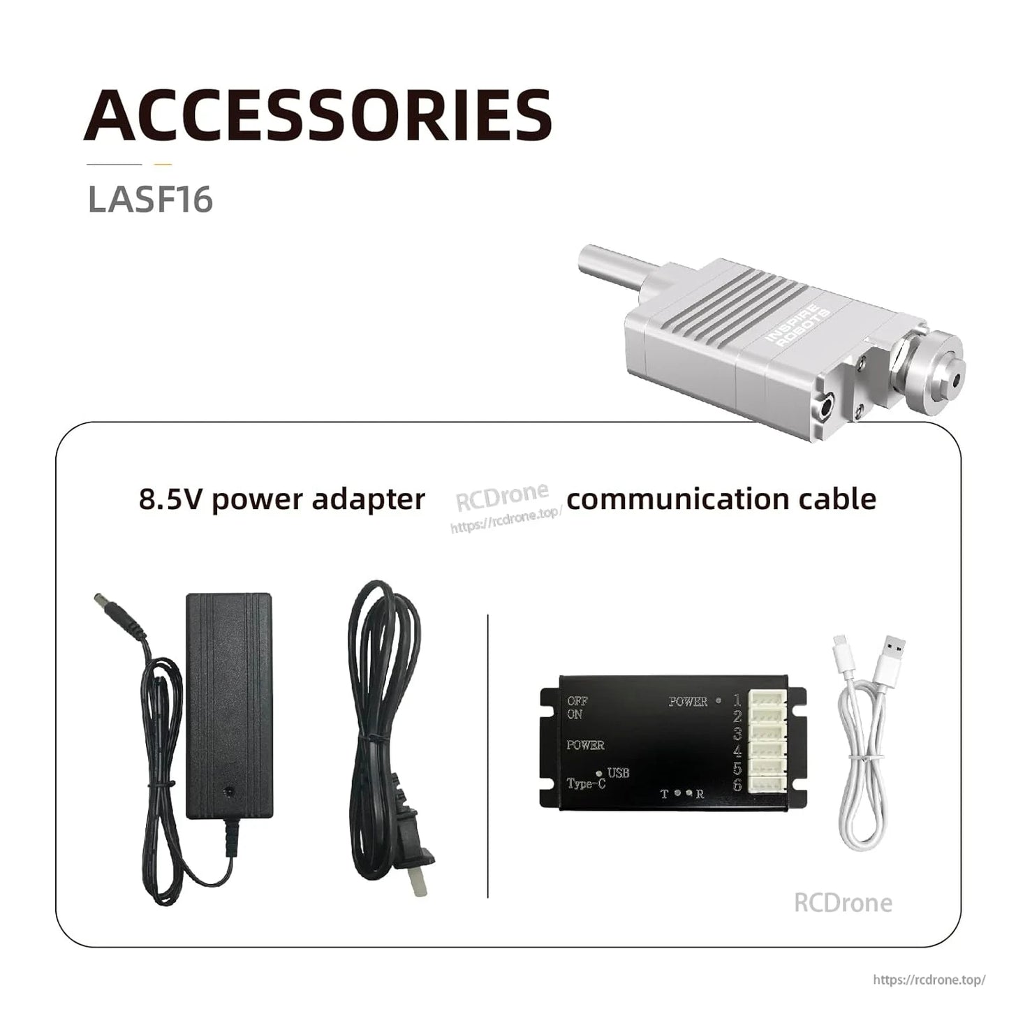 LASF16 accessories: 8.5V adapter, USB Type-C cable, precision linear servo actuator, and force sensor.