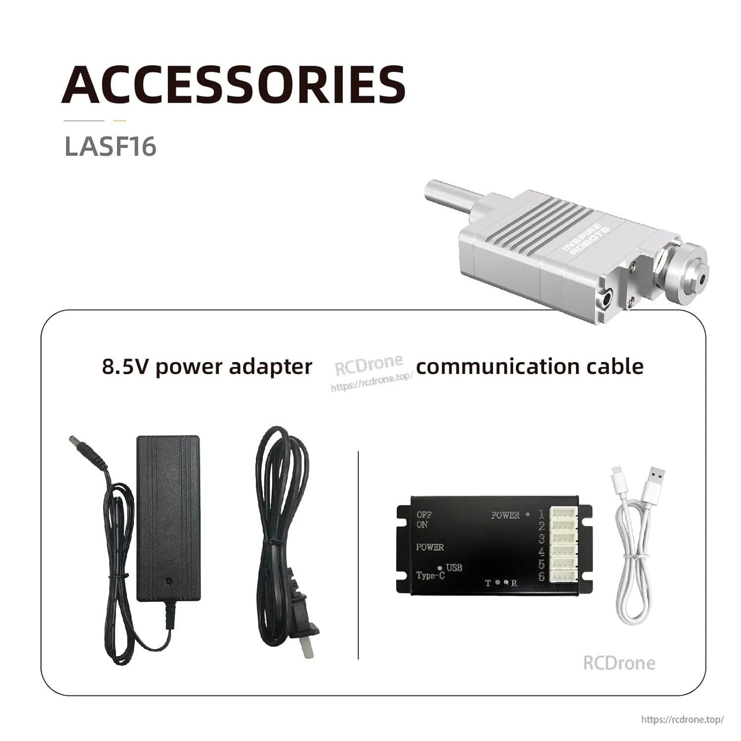 LASF16 accessories: 8.5V adapter, USB Type-C cable, precision linear servo actuator, and force sensor.