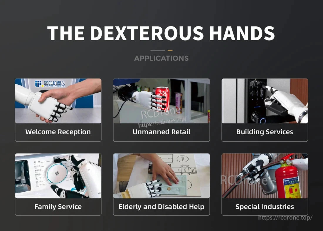 Inspire Robots RH56BFX Dexterous Robot Hand, Dexterous robot hands are used in reception, retail, services, homes, elderly care, and specialized industries for various tasks.