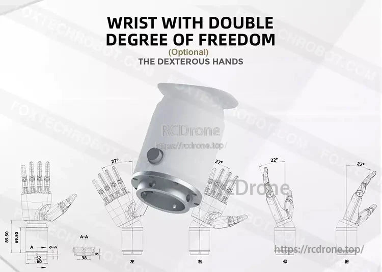 Inspire Robots RH56BFX Dexterous Robot Hand, A double-degree-of-freedom wrist with optional dexterous hands, offering 27° and 22° rotation angles, includes detailed technical drawings.