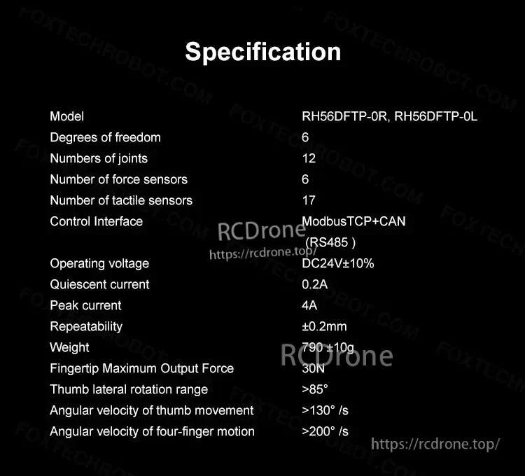 The Inspire Robots RH56DFTP Dexterous Robot Hand features a specification model with 3 degrees of freedom, 12 joints, and various sensors.