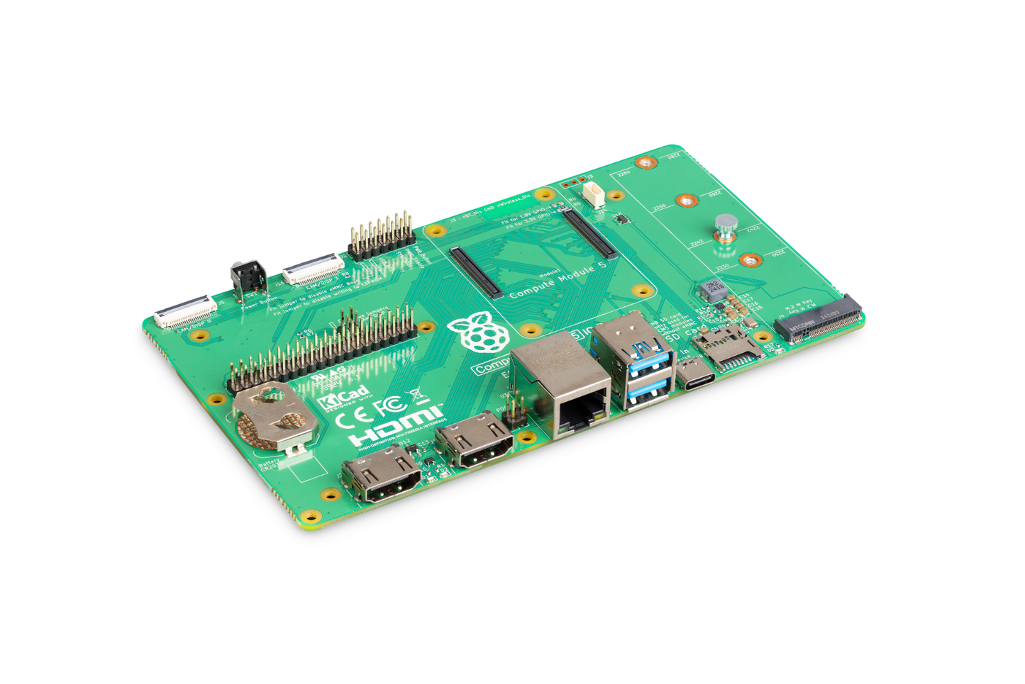 Raspberry Pi Compute Module 5 IO Board (CM5IO) with M.2 M key, dual HDMI 2.0, USB 3, Gigabit Ethernet PoE+, HAT+ GPIO